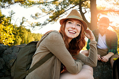 Buy stock photo Shot of young people hiking while on an oveShot of two young people hiking while on an overseas trip