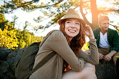 Buy stock photo Shot of two young people hiking while on an overseas trip