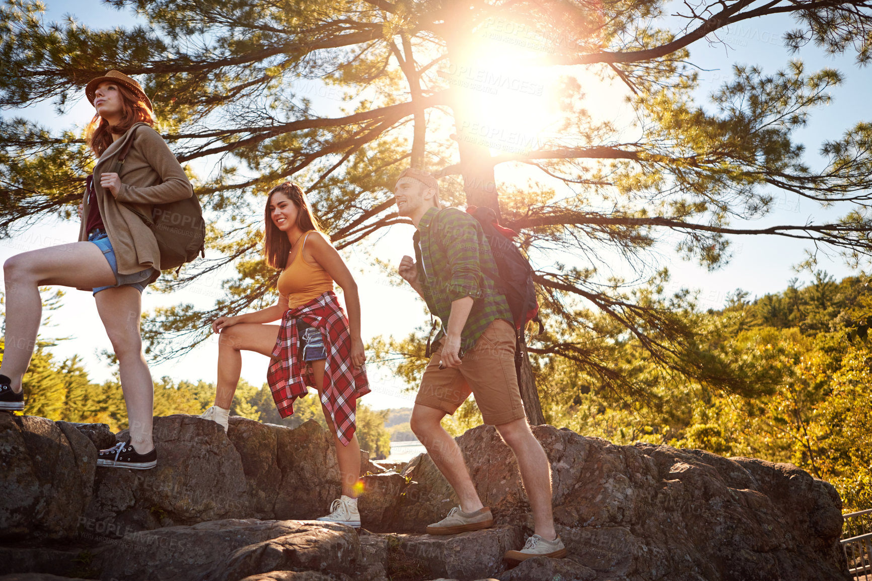 Buy stock photo Shot of three friends out hiking in the mountains