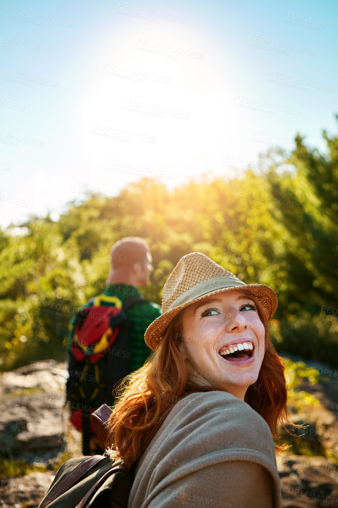 Buy stock photo Couple, walking and mountain travel for holiday, adventure and happy journey for bonding in nature. Outdoor, people and honeymoon vacation or date together, explore and love in jungle or wilderness