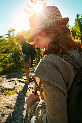 Buy stock photo Couple, hiking and mountain travel for bonding, adventure and happy journey for connection in nature. Outdoor, people and honeymoon vacation or date together, explore and love in jungle or wilderness