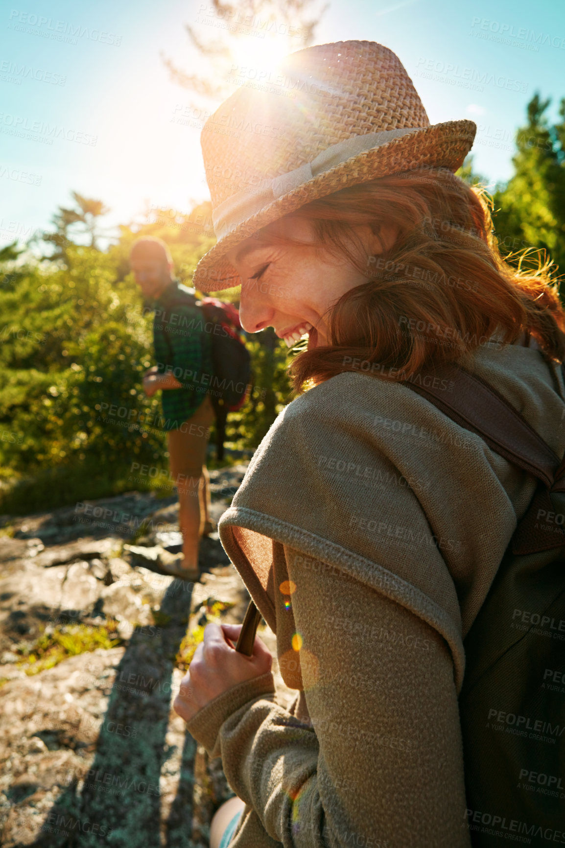Buy stock photo Couple, hiking and mountain travel for bonding, adventure and happy journey for connection in nature. Outdoor, people and honeymoon vacation or date together, explore and love in jungle or wilderness
