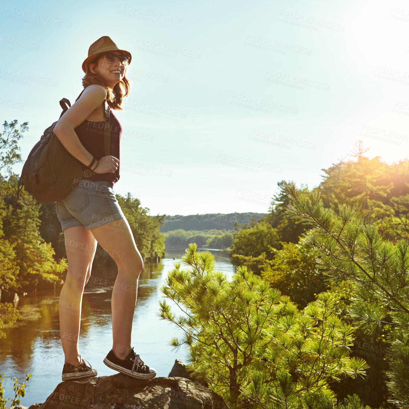 Buy stock photo Hiking, nature and woman on mountain with lake for adventure, trekking and freedom. Travel, morning and happy person outdoors for wellness, walking and sunshine on holiday, journey and vacation
