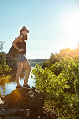 Buy stock photo Hiking, summer and woman on mountain with lake for adventure, trekking and freedom. Travel, nature and person outdoors for wellness, walking and exercise on holiday, journey and vacation in morning