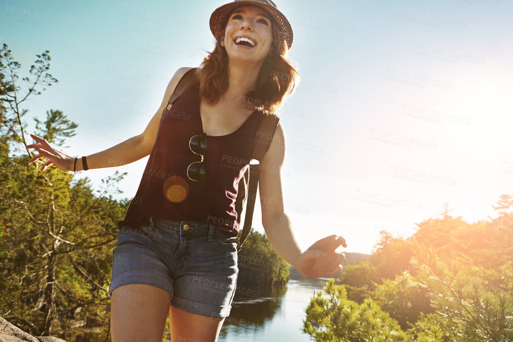 Buy stock photo Hiking, morning and happy woman on mountain with lake for adventure, trekking and freedom. Travel, nature and person outdoors for wellness, walking and exercise on holiday, journey and vacation