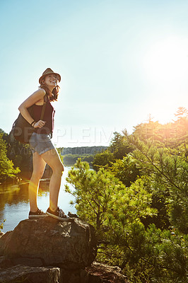 Buy stock photo Hiking, morning and woman in nature with lake for adventure, trekking and freedom. Travel, mountain and happy person outdoors for wellness, walking and exercise on holiday, journey and vacation