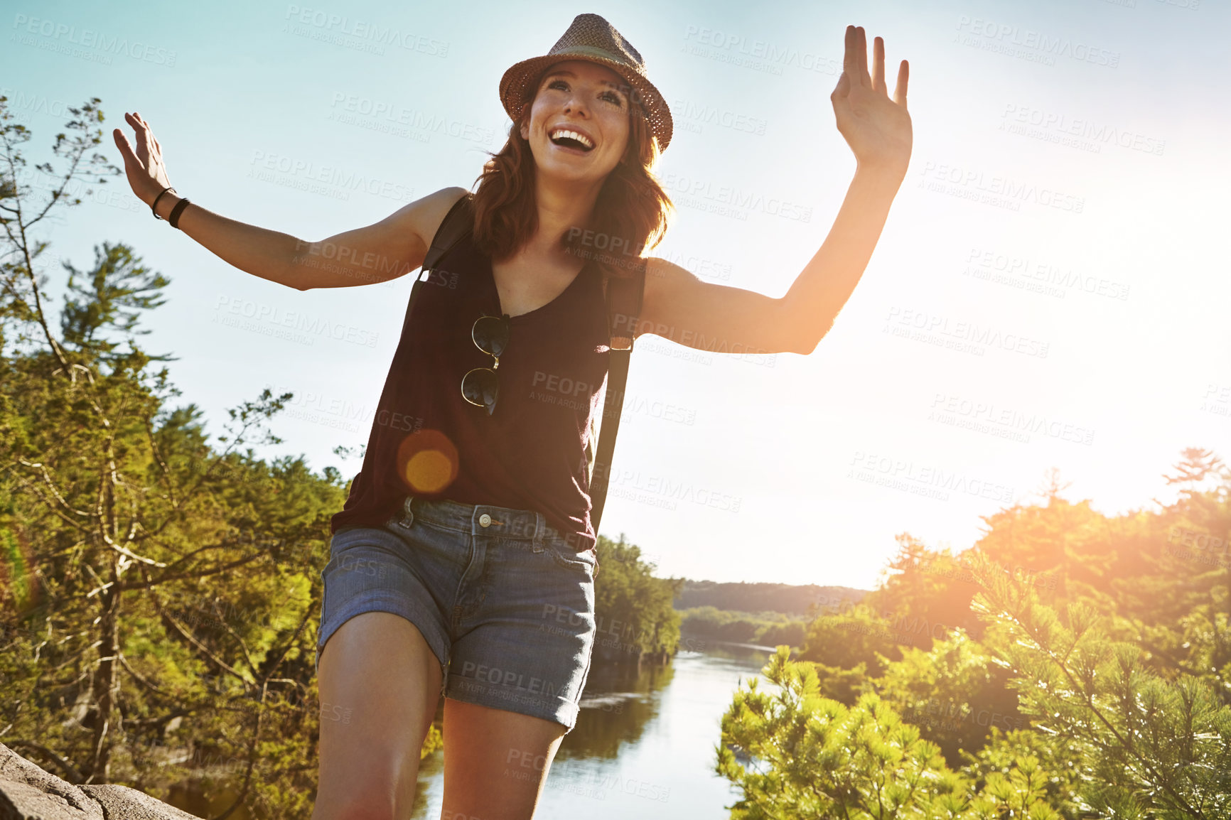 Buy stock photo Hiking, excited and woman in nature with lake for adventure, trekking and freedom. Travel, mountain and happy person outdoors for wellness, walking and exercise on holiday, journey and vacation
