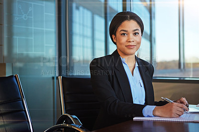 Buy stock photo Businesswoman, portrait and office for corporate report as professional as budget analyst, investment or research. Female person, face and financial forecasting or project review, planning or desk