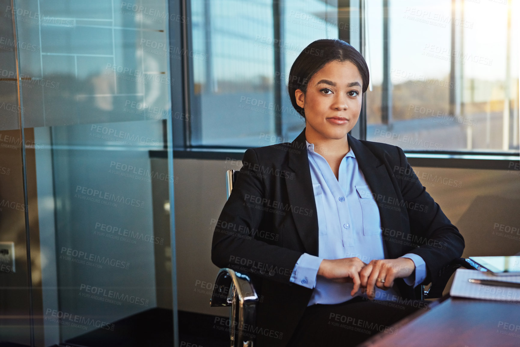 Buy stock photo Office, lawyer and portrait of business black woman at desk with company pride, confidence and ambition. Professional, legal consultant and person for career, job and working for corporate law firm