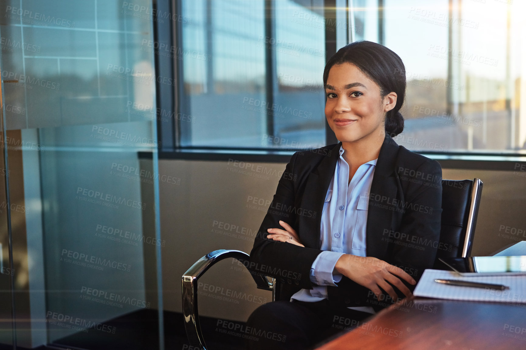 Buy stock photo Office, crossed arms and portrait of business black woman at desk for company pride, confidence and professional. Corporate lawyer, legal consultant and person for career, job or working for law firm