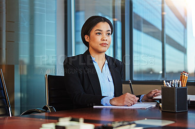 Buy stock photo Businesswoman, desk and corporate thinking in office for future planning as tax consultant, vision or professional. Female person, paper and budget proposal or investment career, admin or contemplate