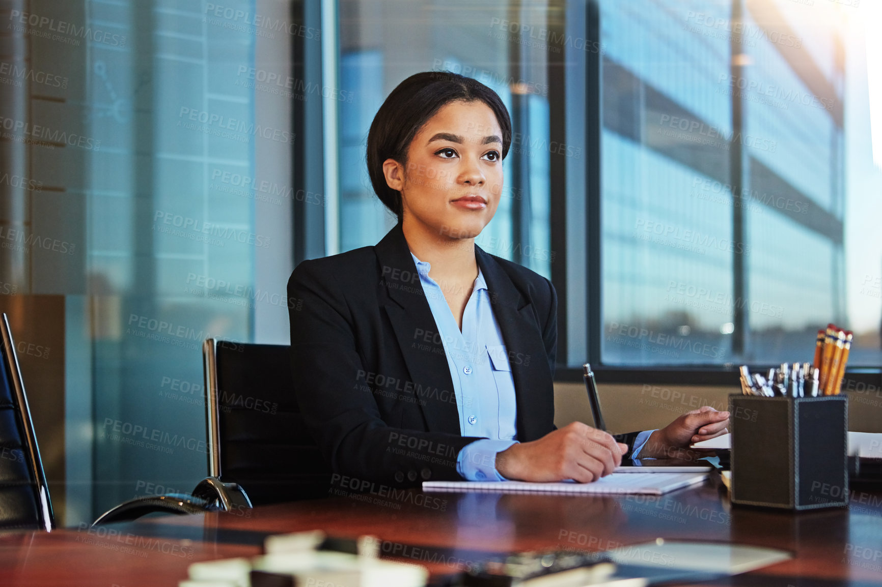 Buy stock photo Businesswoman, desk and corporate thinking in office for future planning as tax consultant, vision or professional. Female person, paper and budget proposal or investment career, admin or contemplate