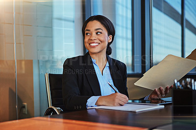 Buy stock photo Happy woman, lawyer and writing with documents for finance, legal paperwork or budget planning at office. Female person, financial advisor or accountant taking notes for report or audit at law firm