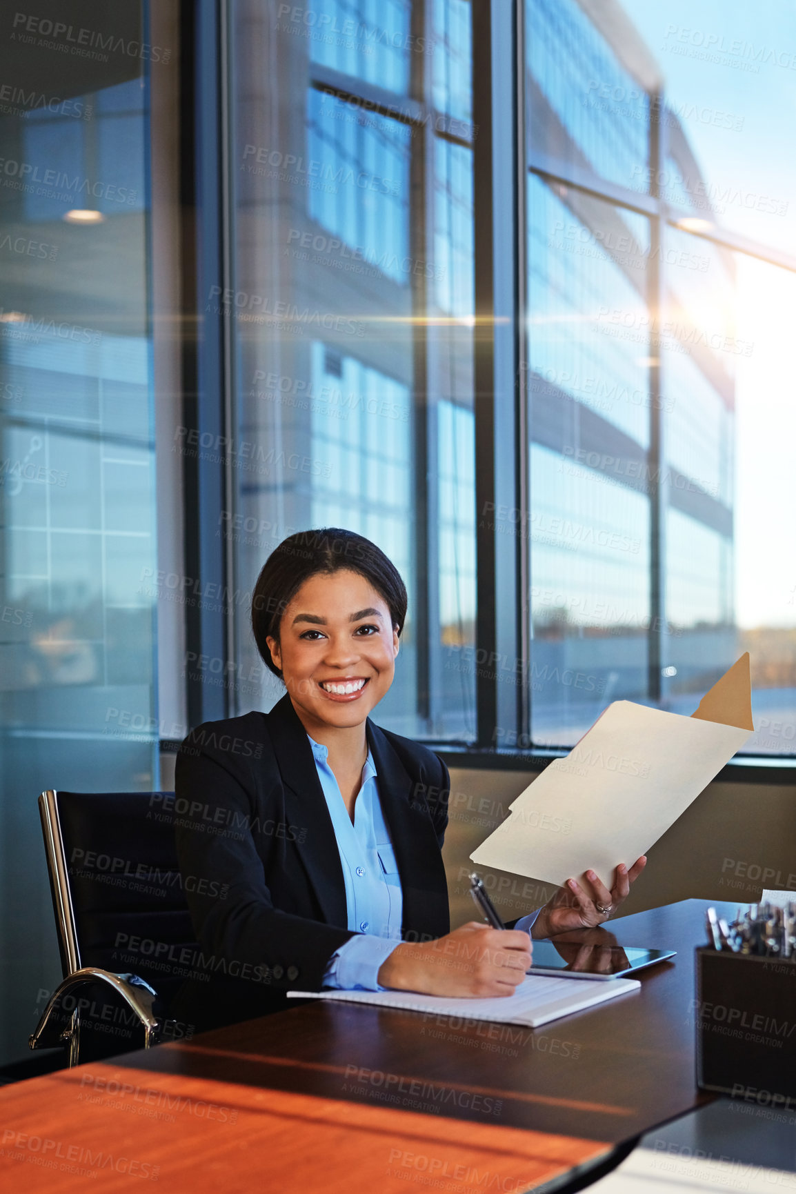 Buy stock photo Happy woman, portrait and accountant with documents for finance, legal paperwork or budget planning at office. Young female person or financial advisor taking notes for report or audit at modern firm