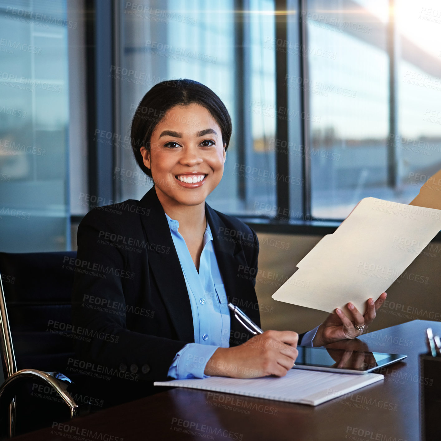 Buy stock photo Happy woman, portrait and lawyer with documents for finance, legal paperwork or budget planning at office. Female person, financial advisor or accountant taking notes for report or audit at law firm