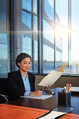 Buy stock photo Happy woman, accountant and writing with documents for finance, legal paperwork or budget planning at office. Female person, financial advisor or lawyer taking notes for report or audit at law firm