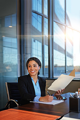 Buy stock photo Happy woman, accounting and writing with documents for finance, legal paperwork or budget planning at office. Female person, financial advisor or lawyer taking notes for report or audit at law firm