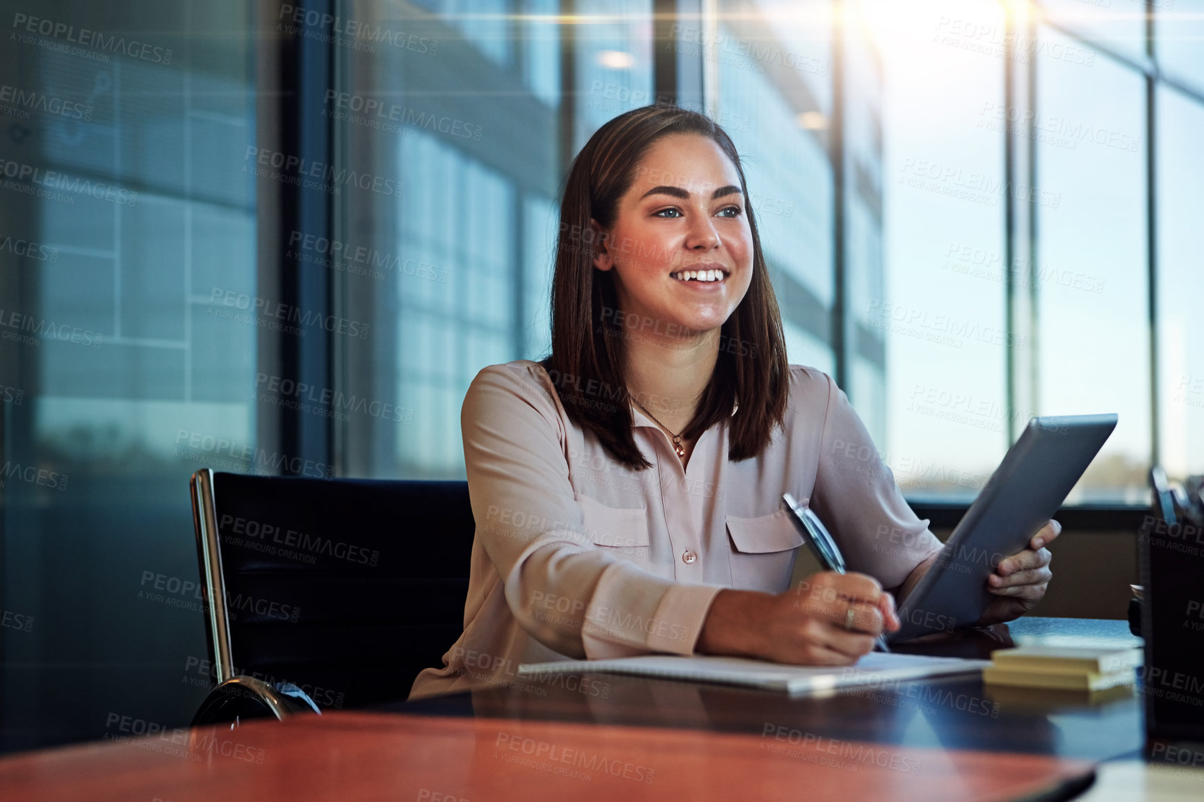 Buy stock photo Happy woman, accountant and writing with tablet for finance, budget planning or thinking at office. Female person, employee or financial advisor with smile on technology for research, report or audit