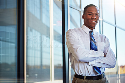 Buy stock photo Portrait of a young male lawyer standing in the office
