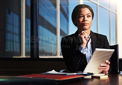 Buy stock photo Attorney, woman and thinking with tablet with ideas for solution, decision and compliance at commercial law firm. Person, advocate and lawyer for choice with touchscreen for report on app in office