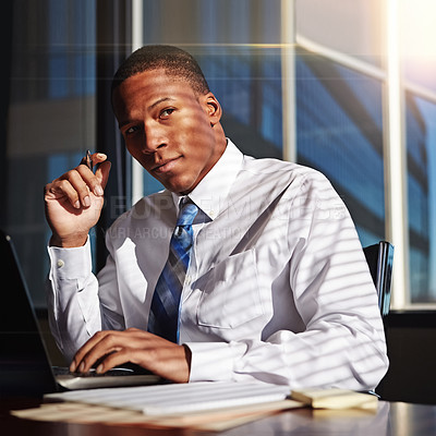 Buy stock photo Businessman, accountant and thinking with laptop for finance, company expenses or bills at office. Black man, financial advisor or young lawyer in wonder or thought on computer for budget at law firm