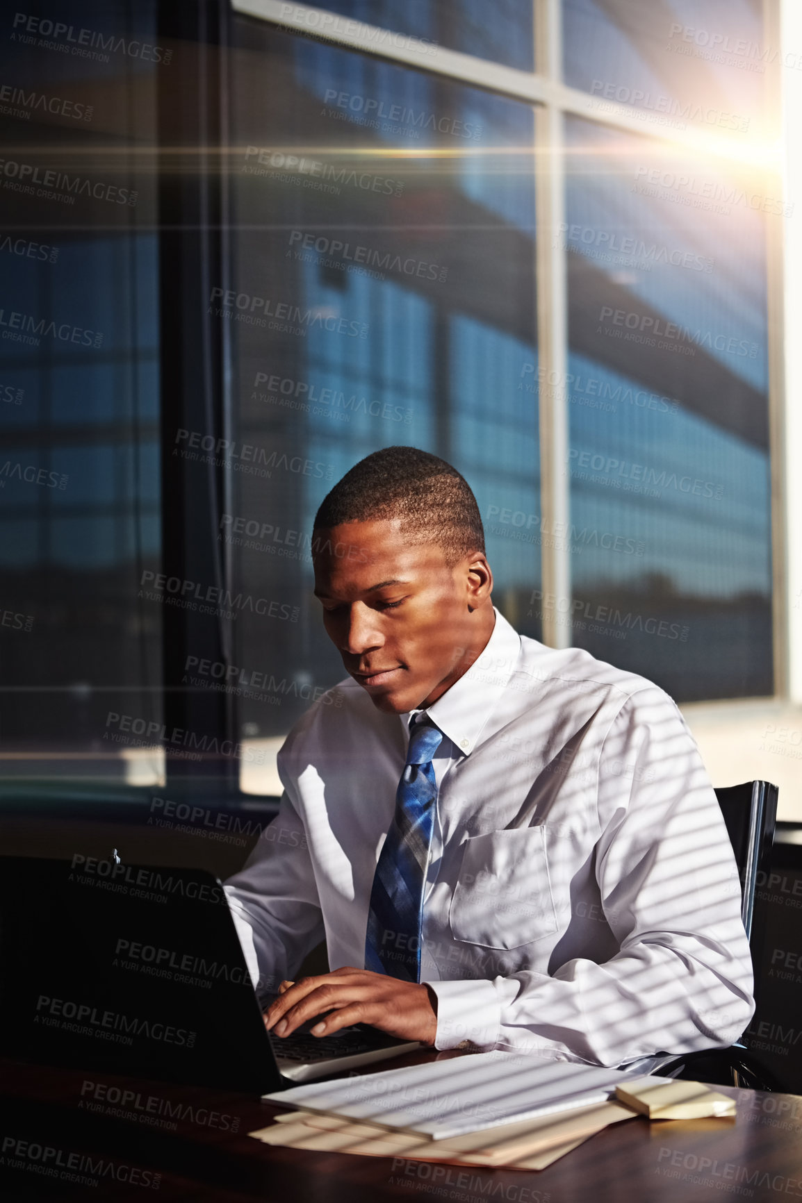 Buy stock photo Black man, business and laptop or internet research as investment analyst, planning or financial. Male person, paperwork and corporate professional with growth on forecasting app, online or goals