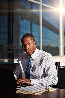 Buy stock photo Documents, typing and businessman thinking with laptop in office for creative, idea or morning agenda notes. Paper, reminder and African manager with pc search for schedule solution, goal or planning