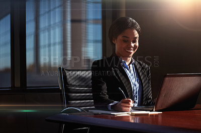 Buy stock photo Writing, book and happy woman with laptop in office for business, planning or idea inspiration. Computer, research or consultant with notebook for registration, reminder or career upskill training