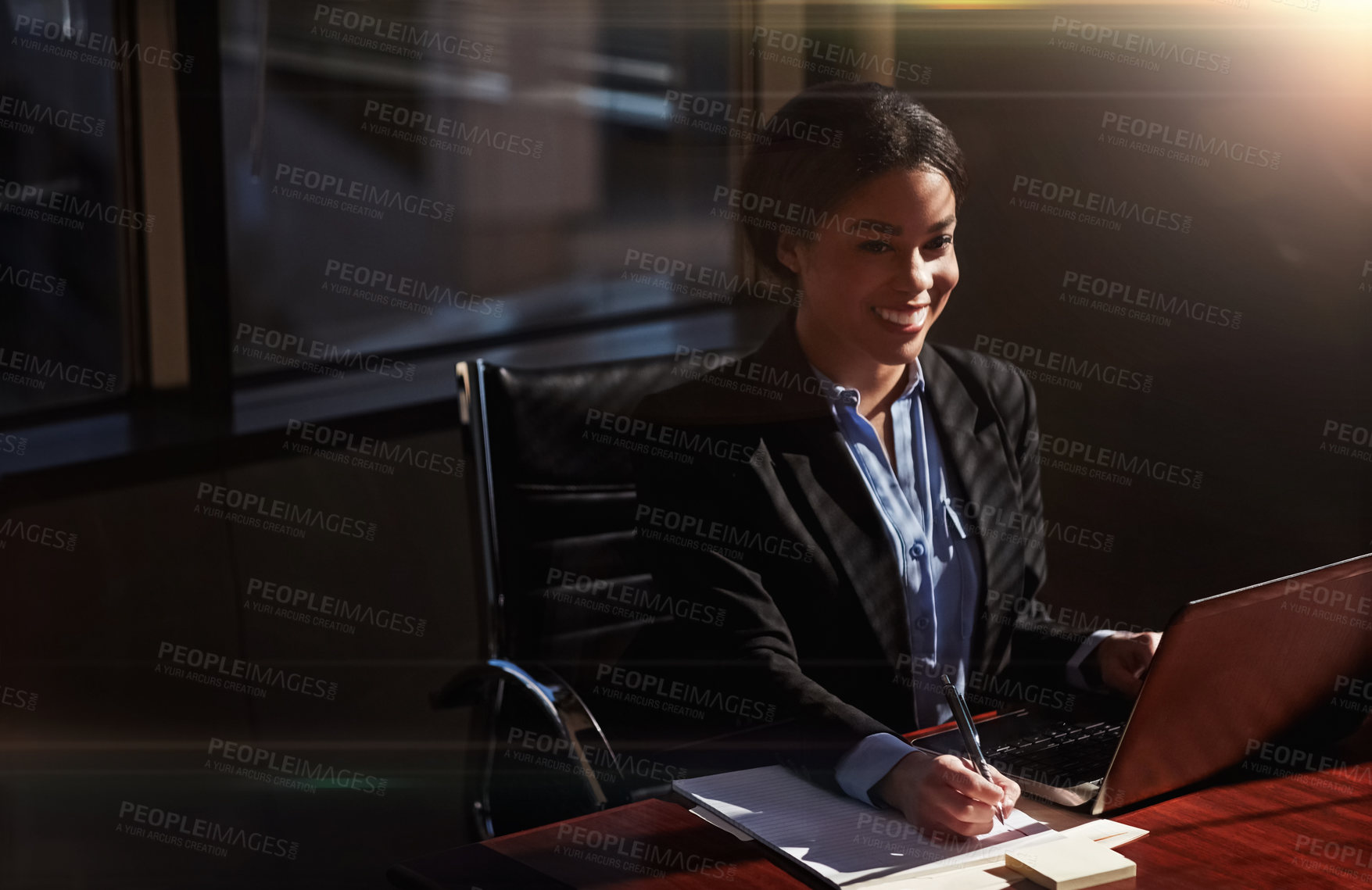 Buy stock photo Lawyer, woman and laptop with writing in office for case administration, happy and review information for court. Person, attorney or advocate by computer, notes and documents at commercial law firm