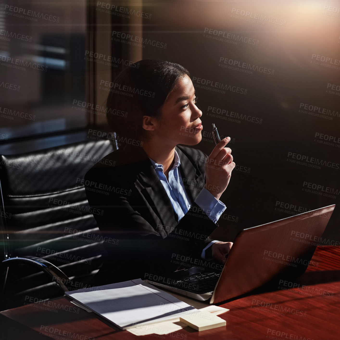 Buy stock photo Lawyer, woman and laptop with thinking in office for case administration, choice and review information for court. Person, attorney or advocate by computer, notes and documents at commercial law firm