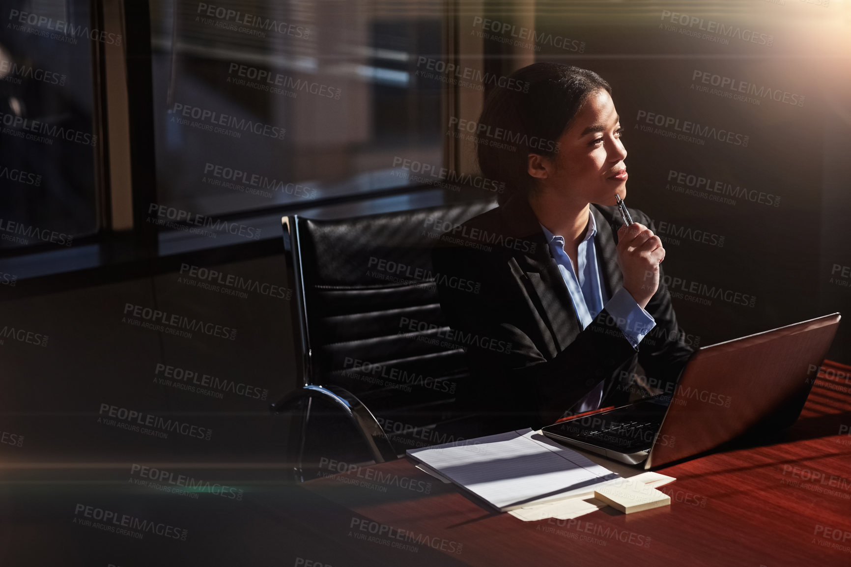 Buy stock photo Attorney, woman and laptop with thinking in office for case administration, choice and review information for court. Person, lawyer or advocate by computer, notes and documents at commercial law firm
