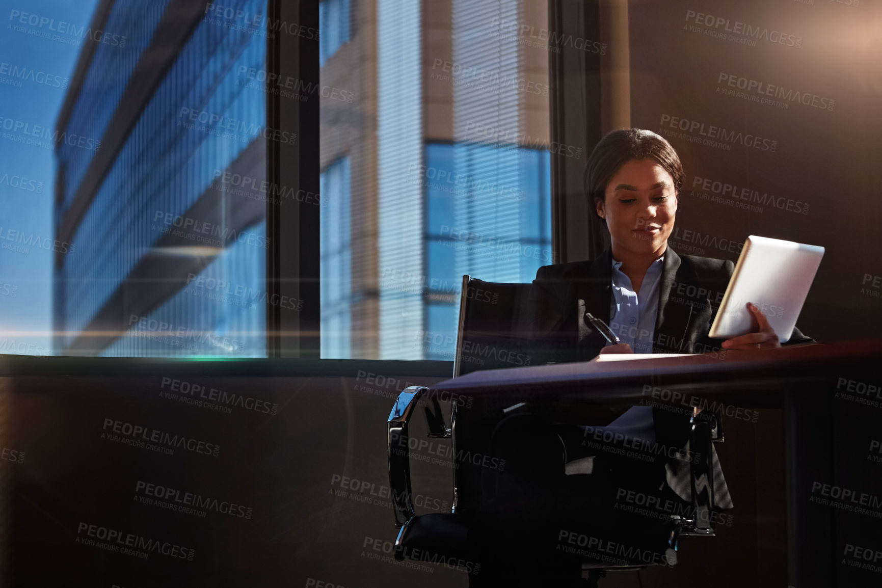 Buy stock photo Woman, tablet and online in office, notebook and lawyer for legal research on internet. Person, strategy and notes for idea or networking and law website, communication and app for business contact