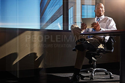 Buy stock photo Black man, tablet and thinking in office, online and accountant for stock market website. Person, planning and entrepreneur for networking or check email, communication and app for business contact
