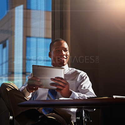 Buy stock photo Black man, tablet and planning at desk, online and accountant for stock market website. Person, thinking and entrepreneur for networking or check email, communication and app for business contact