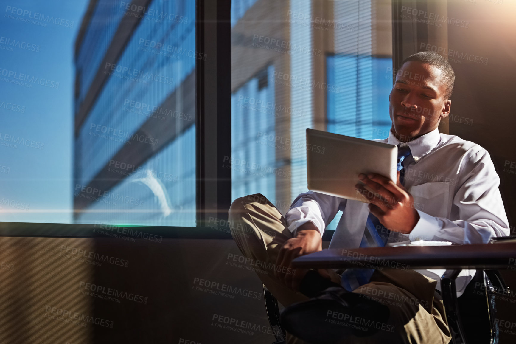 Buy stock photo Black man, tablet and planning in office, employee and accountant for stock market website. Person, reading and entrepreneur for networking or check email, communication and app for business contact
