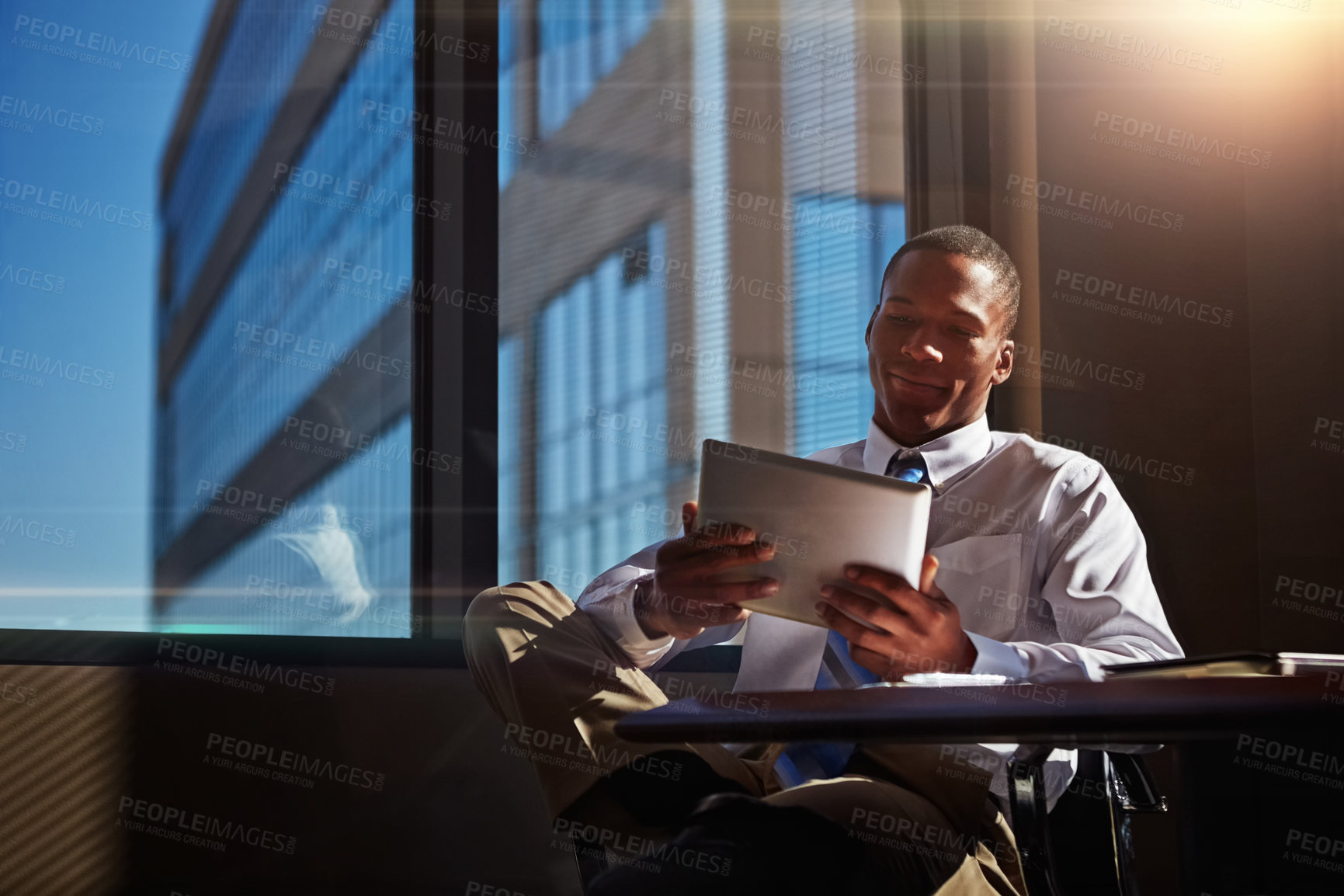 Buy stock photo Black man, tablet and planning at desk, search and accountant for stock market website. Person, startup and entrepreneur for networking or check email, communication and app for business contact