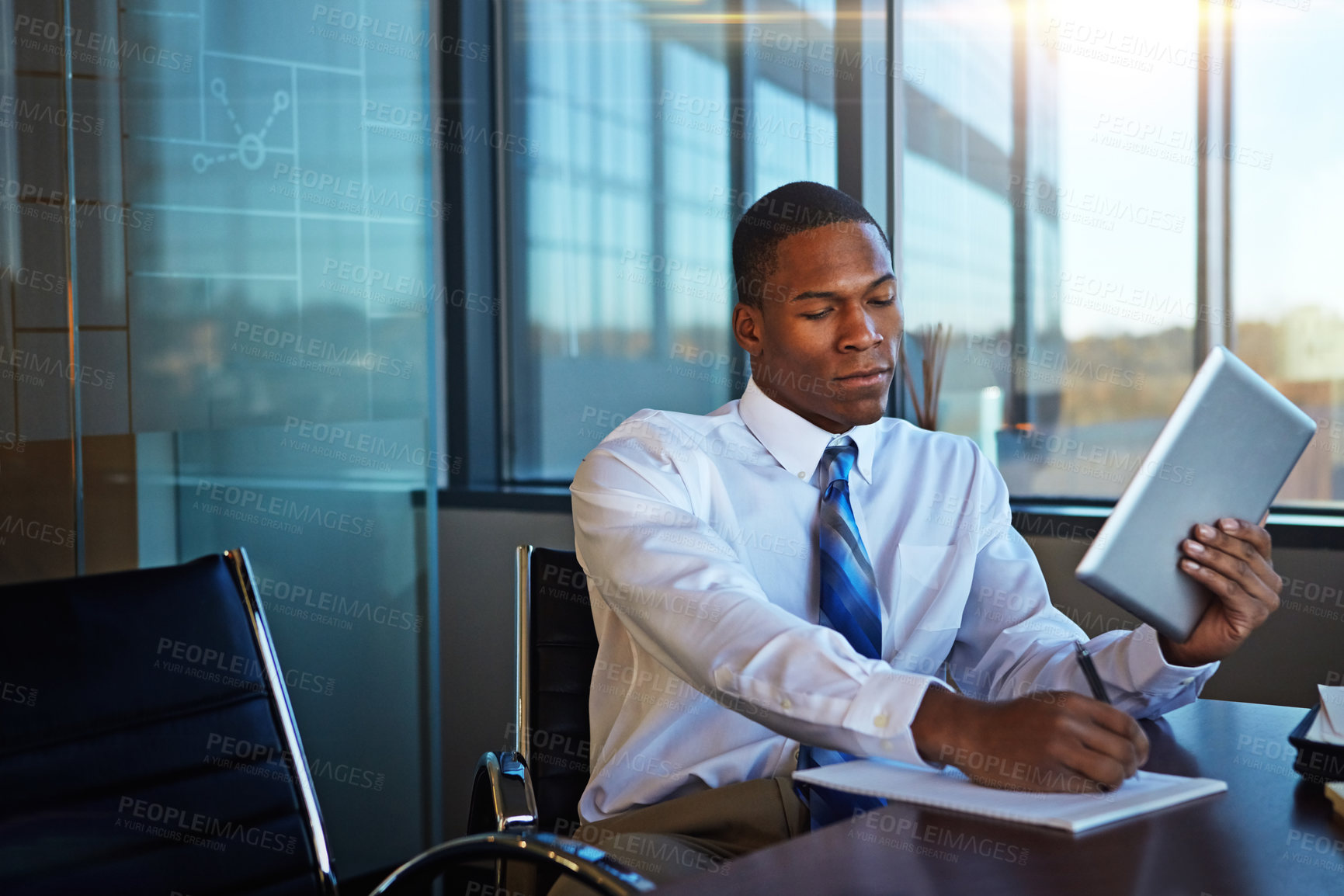 Buy stock photo Black man, lawyer and writing with tablet for finance, legal paperwork or budget planning at office. Businessman, financial advisor or accountant taking notes with technology for report at law firm