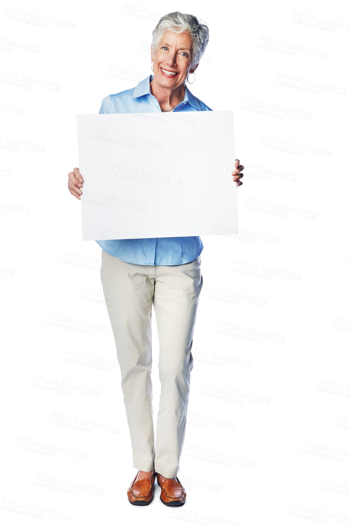 Buy stock photo Poster mockup, studio portrait and senior woman with marketing placard, advertising banner or product placement. Mock up, billboard promotion sign and happy sales model isolated on white background