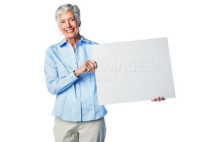 Buy stock photo Poster mockup, smile and portrait senior woman with marketing placard, advertising banner or product placement. Studio mock up, billboard promotion sign and sales model isolated on white background
