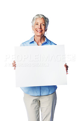 Buy stock photo Placard mockup, portrait and senior happy woman with marketing poster, advertising banner or product placement. Studio mock up, billboard promotion sign and sales model isolated on white background