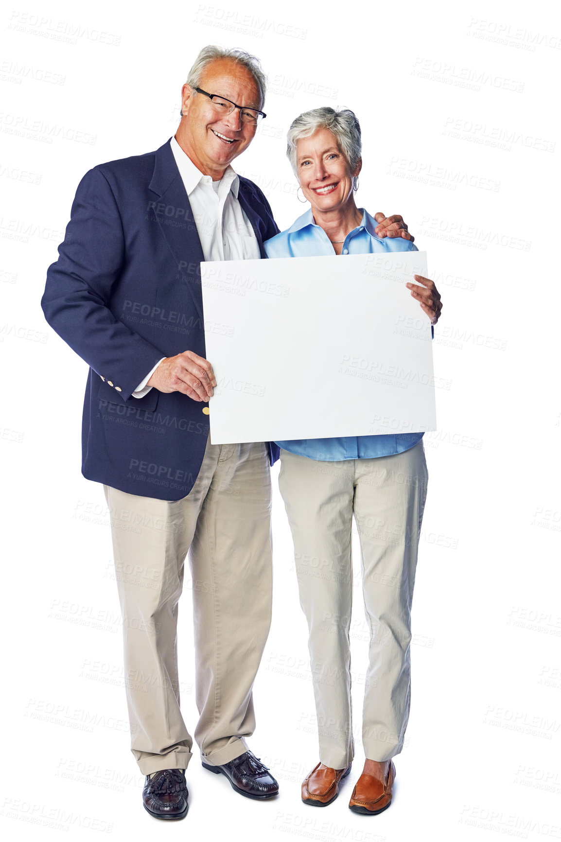 Buy stock photo Senior, happy and blank sign couple portrait of elderly people holding a billboard poster. White background, isolated and marriage of retirement man and woman with advertisement and marketing space