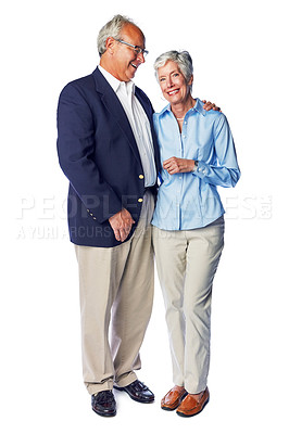 Buy stock photo Senior, couple and love by man and woman happy and hugging isolated against a studio white background. Old people or elderly people feeling happiness and affection together enjoying retirement