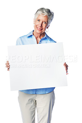 Buy stock photo Poster, portrait mockup and senior woman with marketing placard, advertising banner or product placement. Studio mock up, billboard promotion sign and happy sales model isolated on white background