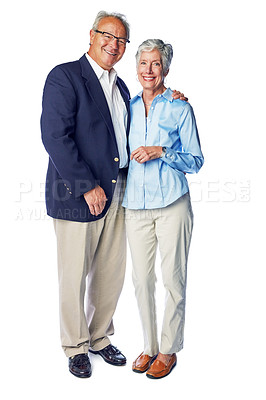Buy stock photo Elderly, couple and happy with marriage in portrait, love and commitment isolated on white background. Old man, old woman and retirement with wellness, relationship and life partnership with care