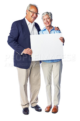 Buy stock photo Senior couple, smile and blank sign portrait of elderly people holding a billboard paper. White background, isolated and marriage of retirement man and woman with advertisement and marketing space