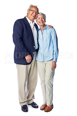 Buy stock photo Love, body portrait of senior couple standing in studio and isolated on white background. Retirement, happy and healthy relationship, romance for elderly man with woman together in formal clothes.