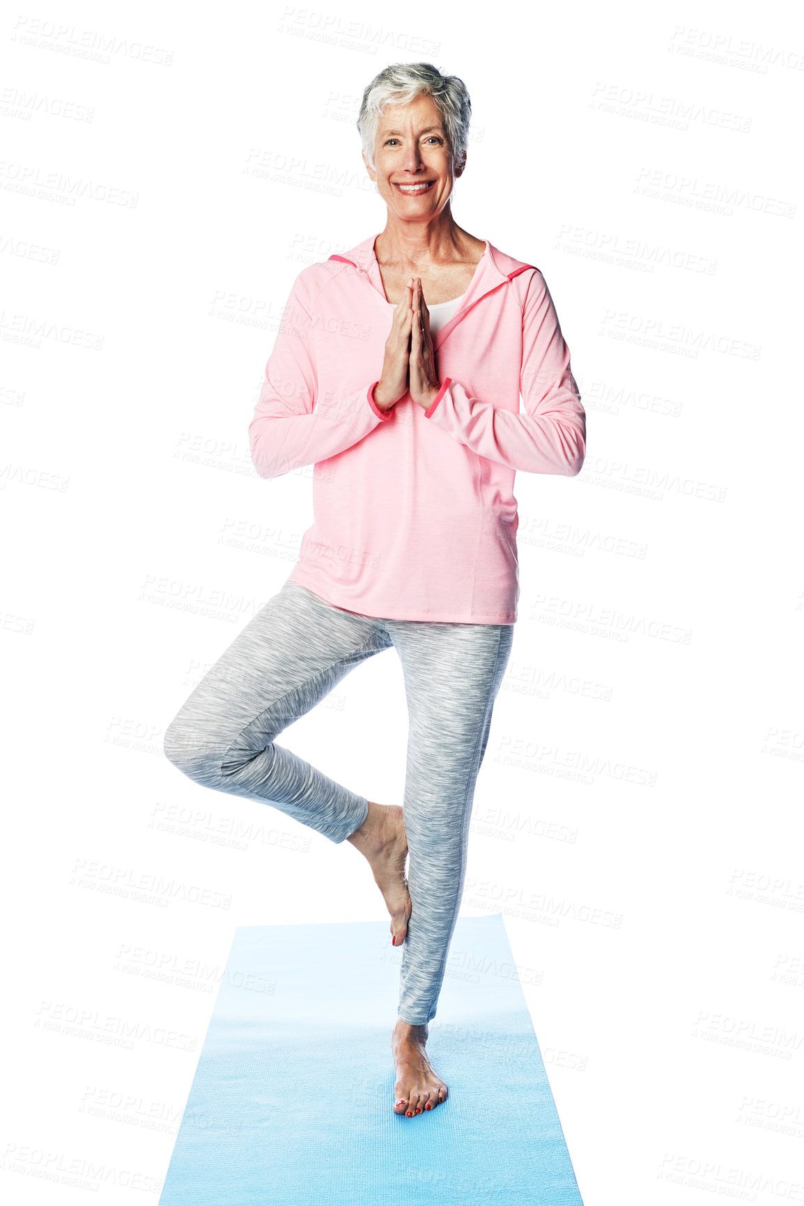 Buy stock photo Portrait, yoga namaste and senior woman in studio isolated on a white background mock up. Zen chakra, pilates fitness and retired female model training, standing or stretching for health and wellness