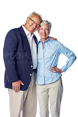 Buy stock photo Love, smile and portrait of senior couple hugging in studio, isolated on white background. Retirement, happy and healthy relationship, romance for elderly man with woman together in formal clothes.
