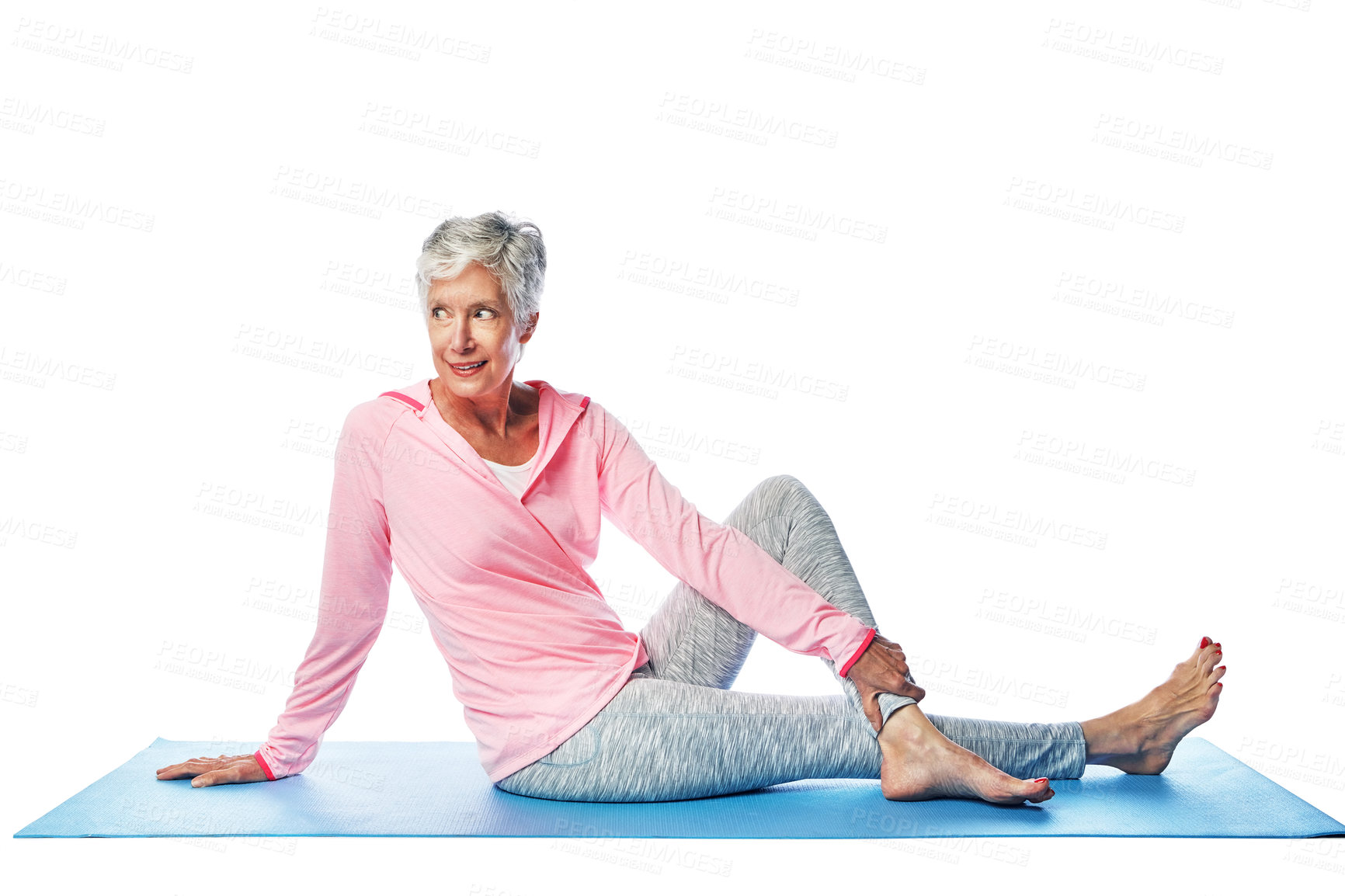 Buy stock photo Fitness, yoga and senior woman in studio isolated on a white background mock up. Zen chakra, pilates and retired elderly female model training, thinking and stretching legs for health and wellness