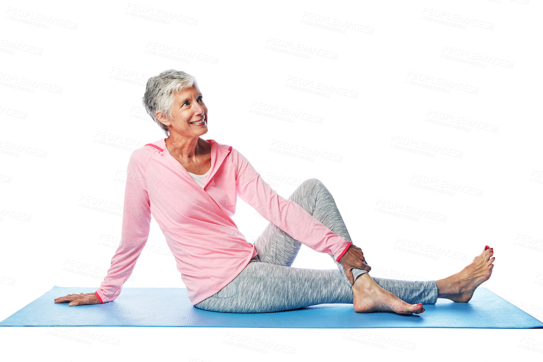 Buy stock photo Stretching legs, yoga and senior woman in studio isolated on a white background mock up. Zen chakra, pilates fitness and retired female model sitting, thinking and training for health and wellness.